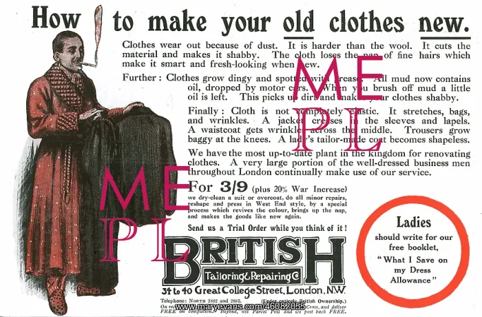 : Advertisement for British Tailoring and Repairing, WW1 : Advertisement for British Tailoring and Repairing, WW1