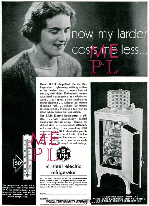 : Advert for B.T.H. electric refrigerator 1931 : Advert for B.T.H. electric refrigerator 1931