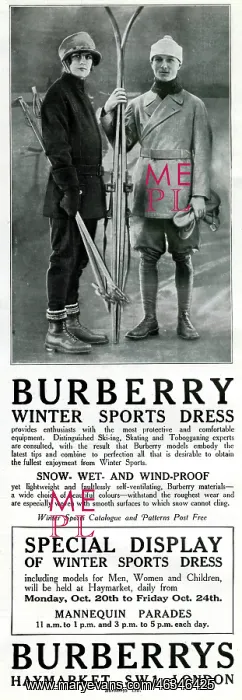 : Advert for Burberry Skiing outfits 1924 : Advert for Burberry Skiing outfits 1924