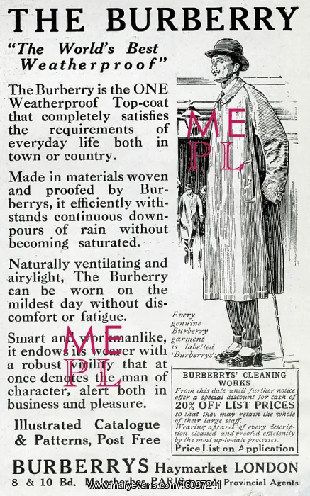 : Advert for Burberry weatherproof top coat 1914 : Advert for Burberry weatherproof top coat 1914