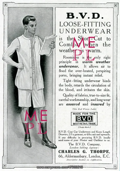 : Advert for BVD underwear for men 1914 : Advert for BVD underwear for men 1914