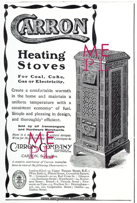 : Advert for Carron Company - heating stoves 1908 : Advert for Carron Company - heating stoves 1908