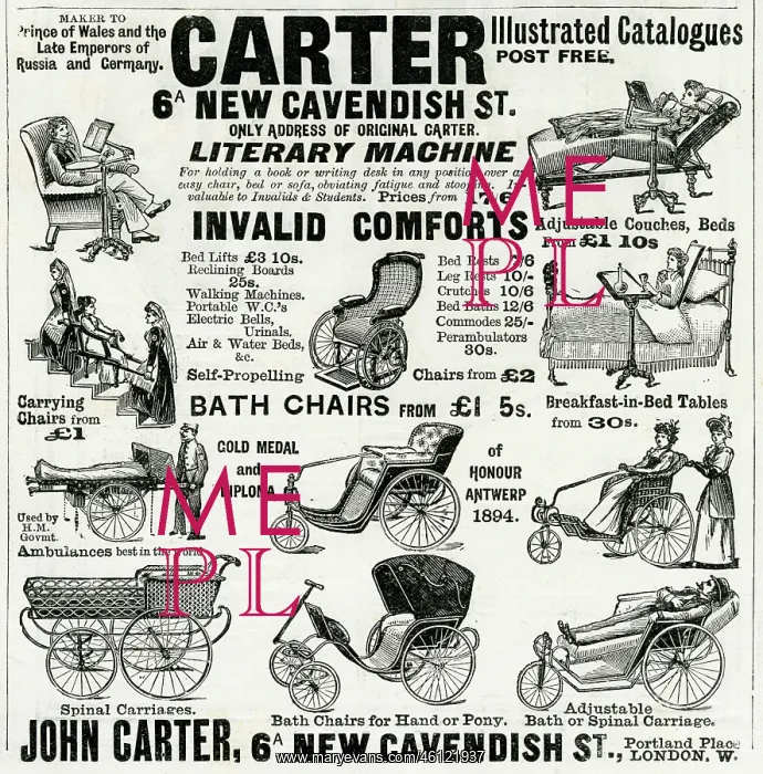 : Advert for Carter wounded or invalid chairs 1896 : Advert for Carter wounded or invalid chairs 1896