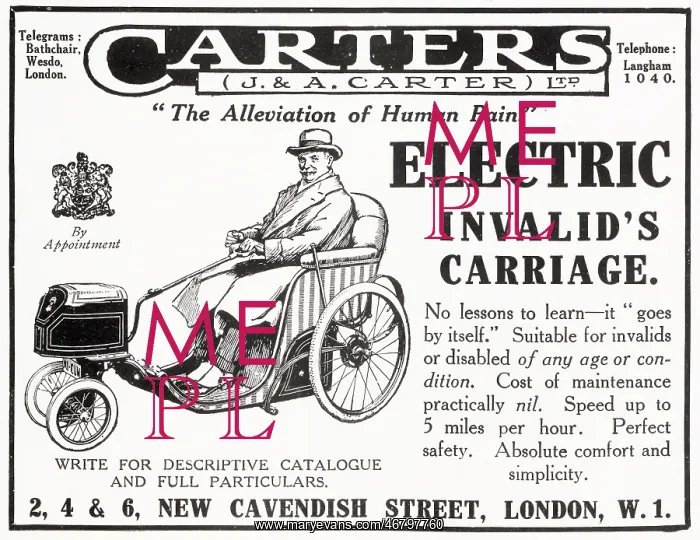 : Advert for Carters Electric Invalid Chair 1922 : Advert for Carters Electric Invalid Chair 1922