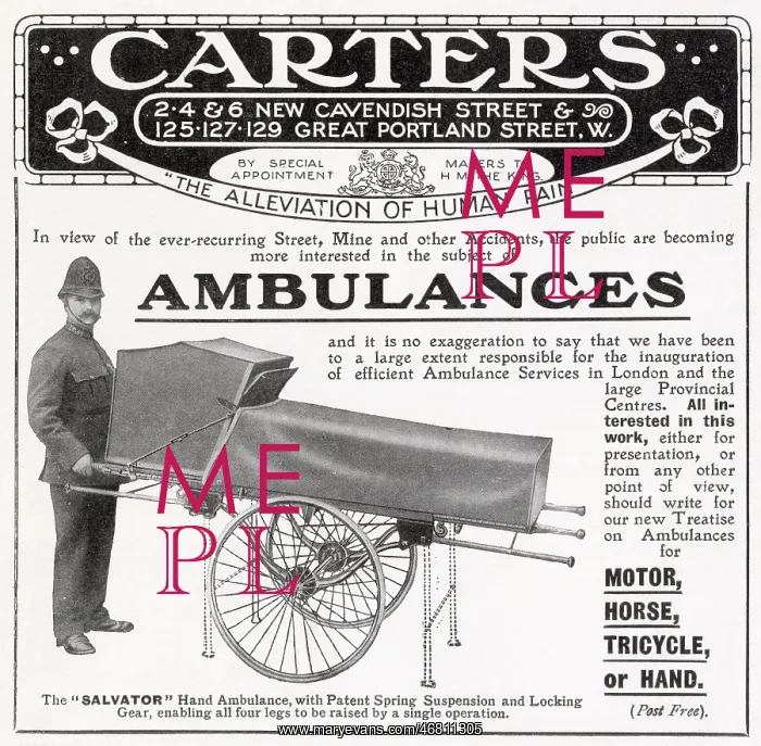 : Advert for Carters - hand ambulances 1910 : Advert for Carters - hand ambulances 1910