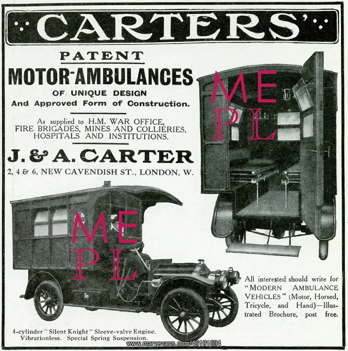 : Advert for Carters motor-ambulances 1912 : Advert for Carters motor-ambulances 1912