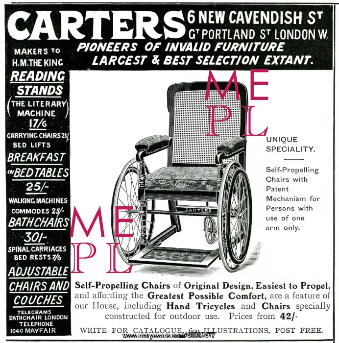 : Advert for Carters self propelling wheelchair 1906 : Advert for Carters self propelling wheelchair 1906