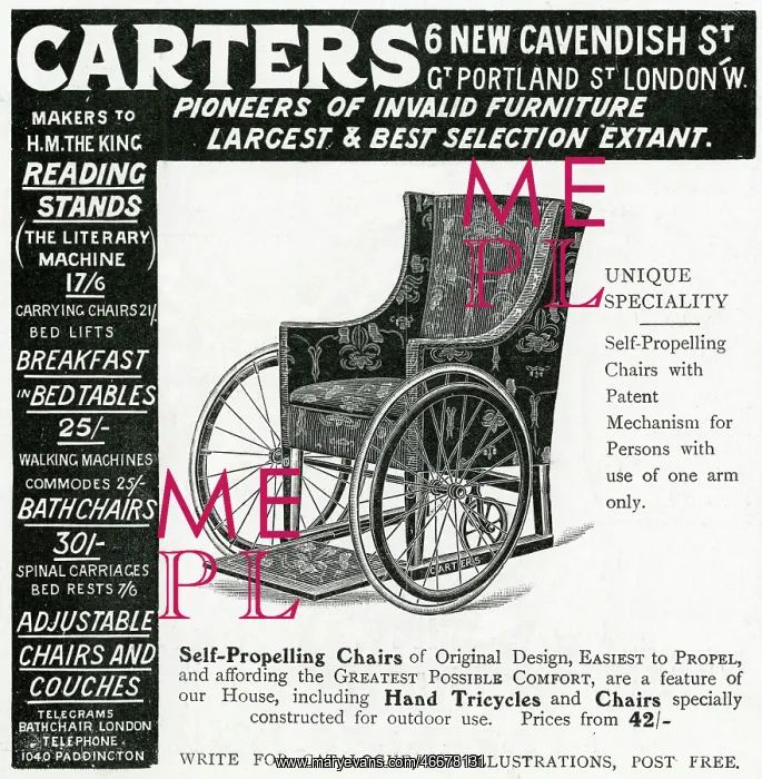 : Advert for Carters, self propelling wheelchair 1906 : Advert for Carters, self propelling wheelchair 1906