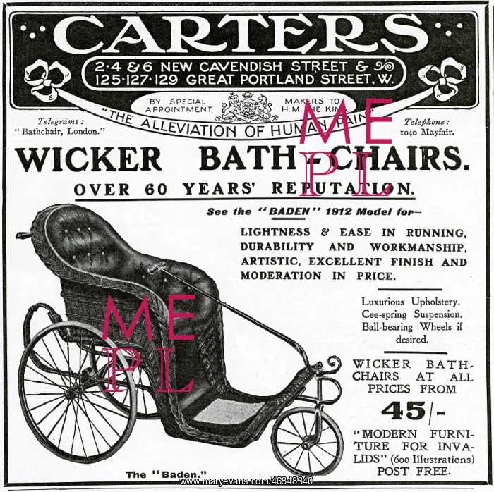 : Advert for Carters wicker bath-chair 1912 : Advert for Carters wicker bath-chair 1912
