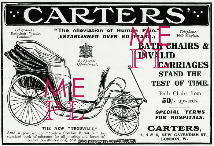 : Advert for Carters wounded or invalid wheelchair 1915 : Advert for Carters wounded or invalid wheelchair 1915