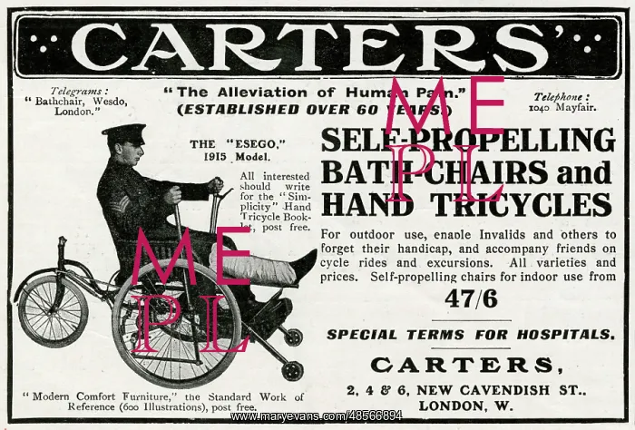 : Advert for Carters wounded or invalid wheelchair 1915 : Advert for Carters wounded or invalid wheelchair 1915
