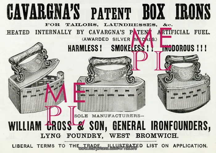 : Advert for Cavargna's patent Box Irons 1888 : Advert for Cavargna's patent Box Irons 1888