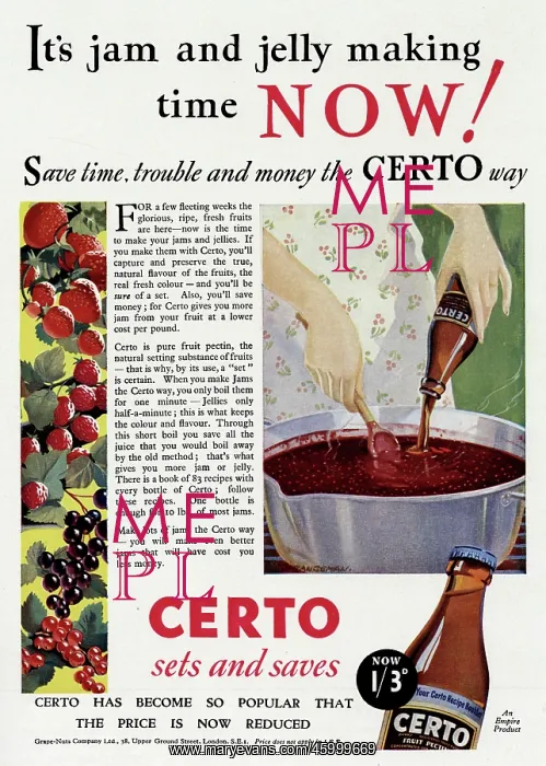 : Advert for Certo for making home made Jam 1934 : Advert for Certo for making home made Jam 1934
