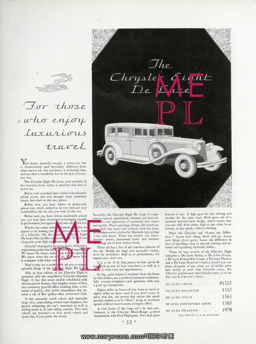 : Advert, Chrysler Eight De Luxe car : Advert, Chrysler Eight De Luxe car