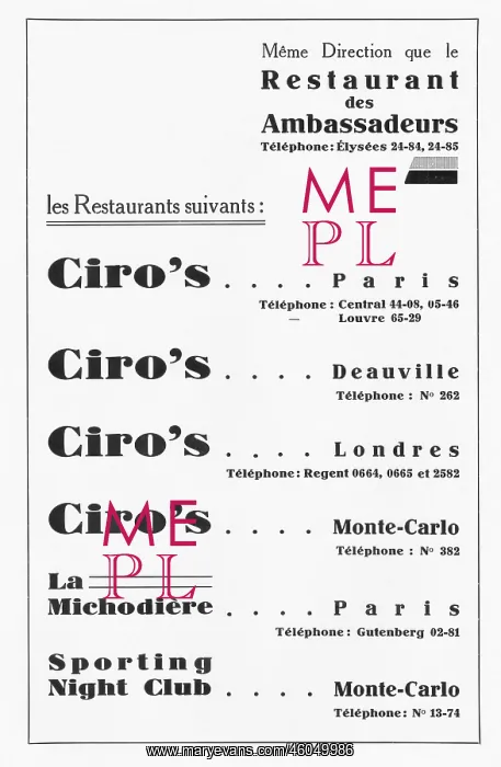 : Advert for Ciro's restaurant chain, 1930 : Advert for Ciro's restaurant chain, 1930