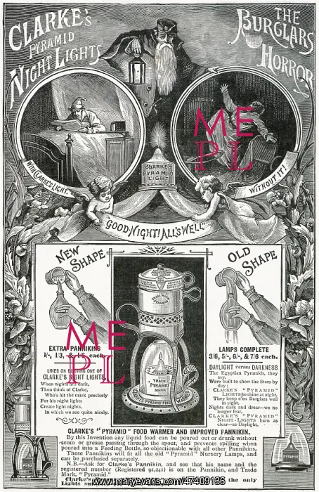 : Advert for Clarke's Pyramid Night Lights 1892 : Advert for Clarke's Pyramid Night Lights 1892