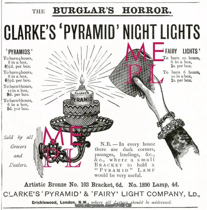 : Advert for Clarke's Pyramid Night Lights 1894 : Advert for Clarke's Pyramid Night Lights 1894