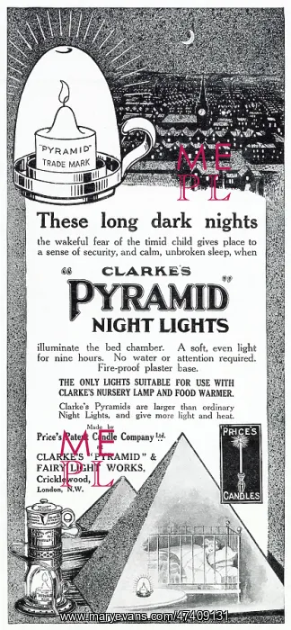 : Advert for Clarke's Pyramid Night Lights 1912 : Advert for Clarke's Pyramid Night Lights 1912
