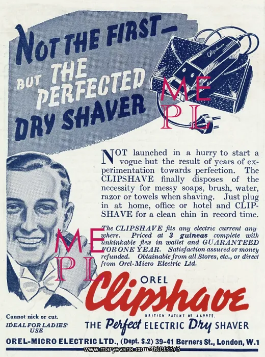 : Advert for Clipshaver eletric dry shaver 1937 : Advert for Clipshaver eletric dry shaver 1937