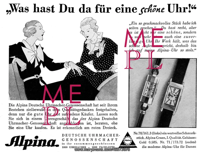 : advertising, clocks, Alpina lady's watch, Uhrmacher-Genossen : advertising, clocks, Alpina lady's watch, Uhrmacher-Genossen