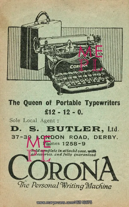 : Advertisement for Corona Typewriter, DS Butler Ltd, Derby : Advertisement for Corona Typewriter, DS Butler Ltd, Derby