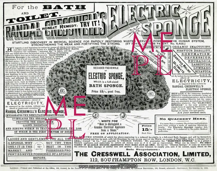 : Advert for Cresswell Electric Sponge 1888 : Advert for Cresswell Electric Sponge 1888