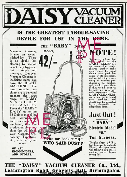 : Advert for Daisy vacuum cleaner 1912 : Advert for Daisy vacuum cleaner 1912