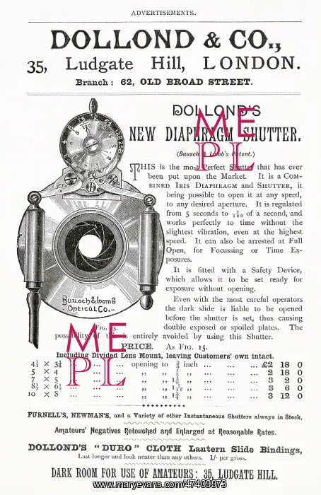 : Advert for Dollond's new diaphragm shutter 1892 : Advert for Dollond's new diaphragm shutter 1892