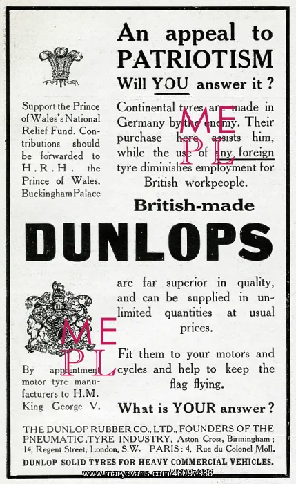 : Advertisement for Dunlop tyres, WW1 : Advertisement for Dunlop tyres, WW1