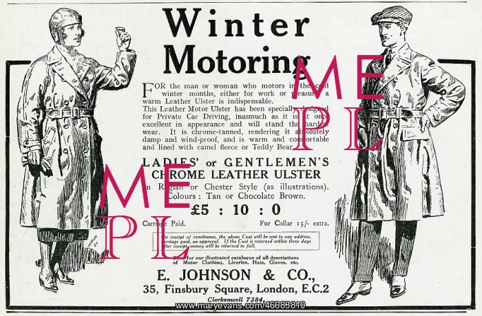 : Advert for E. Johnson chrome leather ulster 1923 : Advert for E. Johnson chrome leather ulster 1923