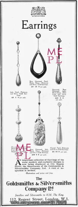 : Advert for earrings from the Goldsmiths and Silversmiths : Advert for earrings from the Goldsmiths and Silversmiths
