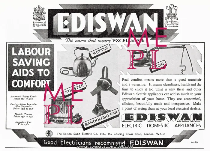 : Advert for Ediswan Swan - electrical household items 1933 : Advert for Ediswan Swan - electrical household items 1933