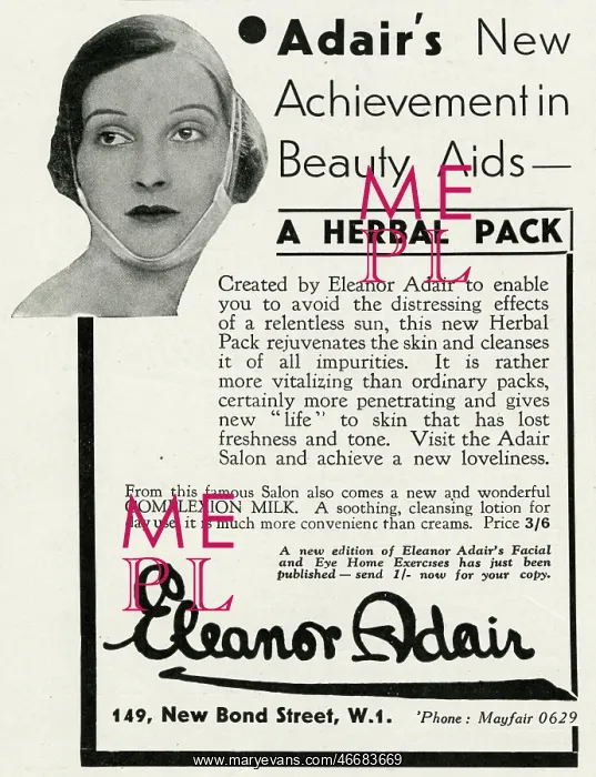 : Advert for Eleanor Adair, herbal pack 1934 : Advert for Eleanor Adair, herbal pack 1934