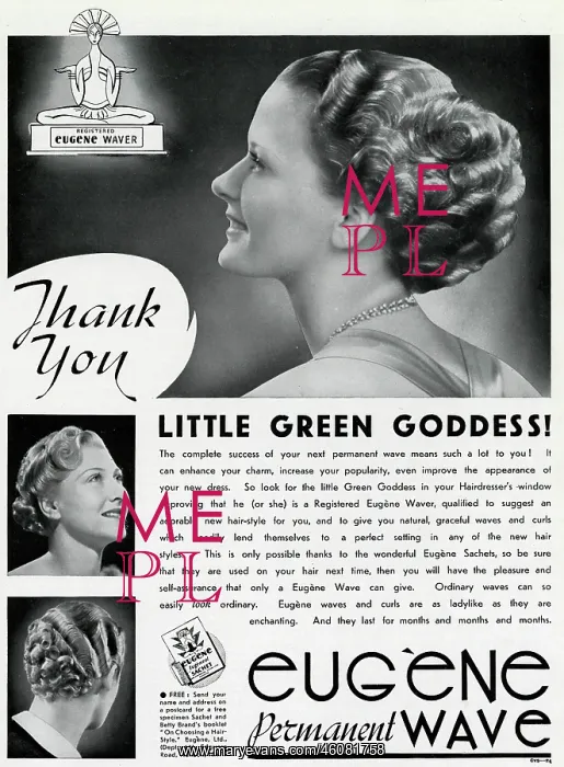 : Advert for Eugene permanant hair waves & curls 1937 : Advert for Eugene permanant hair waves & curls 1937