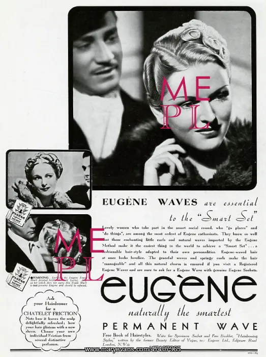 : Advert for Eugene permanant hair waves & curls 1938 : Advert for Eugene permanant hair waves & curls 1938