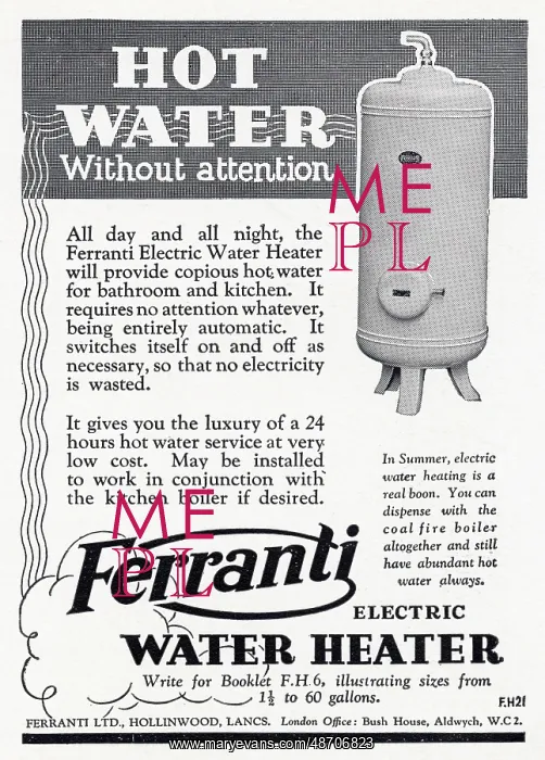 : Advert for Ferranti - electric water heaters 1933 : Advert for Ferranti - electric water heaters 1933
