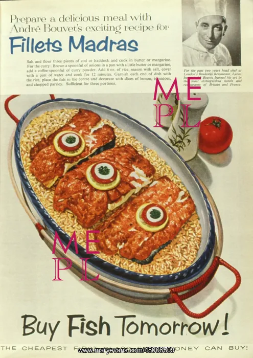 : Advertisement for fish, with Fillets Madras recipe : Advertisement for fish, with Fillets Madras recipe
