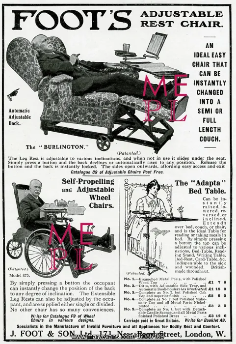 : Advert fo J. Foot & Son - adjustable rest, wheel chair 1914 : Advert fo J. Foot & Son - adjustable rest, wheel chair 1914