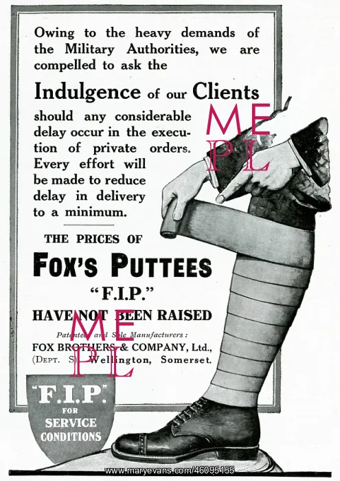 : Advert for Fox's Puttees military authorities 1914 : Advert for Fox's Puttees military authorities 1914