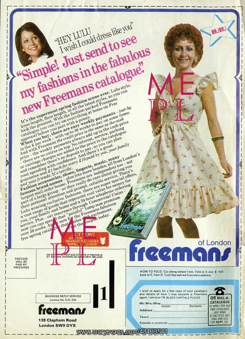 : Advertisement, Freemans catalogue, featuring Lulu : Advertisement, Freemans catalogue, featuring Lulu