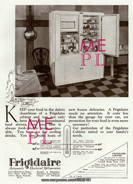 : Advert for Frigidaire electrical refrigerator 1928 : Advert for Frigidaire electrical refrigerator 1928
