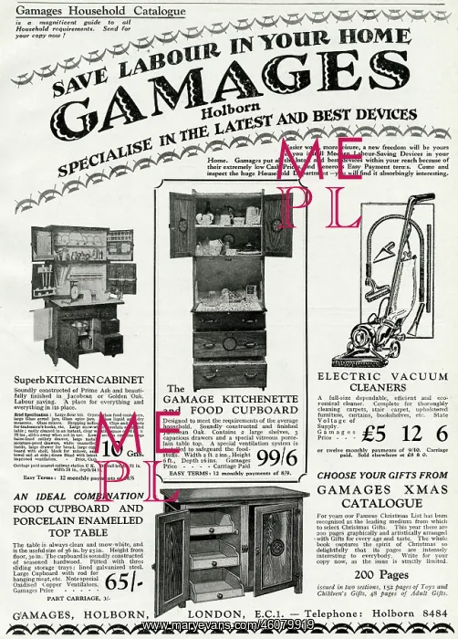  : Advert for Gamages kitchen cabinets 1929