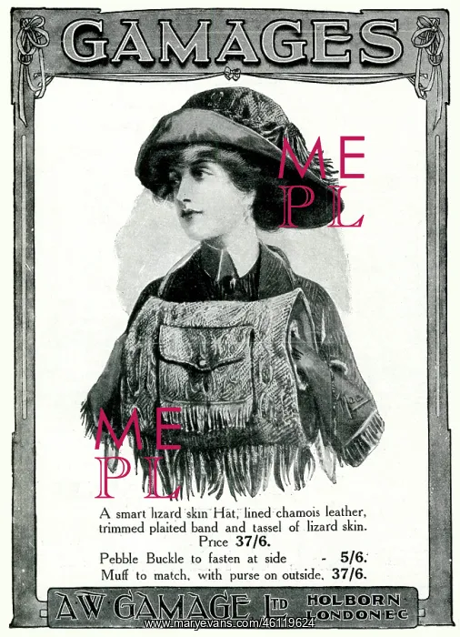 : Advert for Gamages lizard skin accessories 1909 : Advert for Gamages lizard skin accessories 1909
