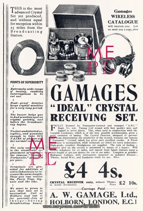 : Advert for Gamages, Wireless Reciver Set 1923 : Advert for Gamages, Wireless Reciver Set 1923