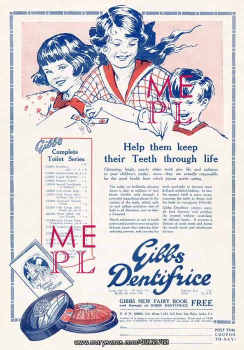 : Advert for Gibbs Dentifrice Toothpaste 1923 : Advert for Gibbs Dentifrice Toothpaste 1923