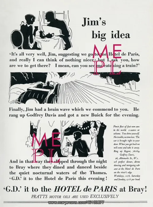 : Advertisement for Godfrey Davis car hire, Hotel de Paris : Advertisement for Godfrey Davis car hire, Hotel de Paris