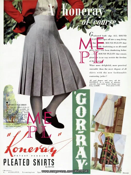 : Advert for Gor-ray Koneray pleated skirts 1941 : Advert for Gor-ray Koneray pleated skirts 1941