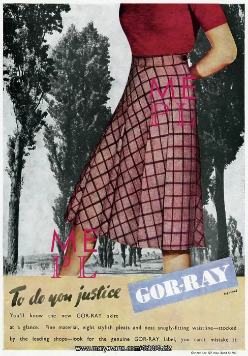 : Advert for Gor-ray Koneray pleated skirts 1947 : Advert for Gor-ray Koneray pleated skirts 1947