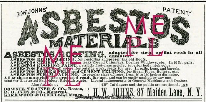 : Advert for H. W Johns, asbestos materials for roofing 1875 : Advert for H. W Johns, asbestos materials for roofing 1875