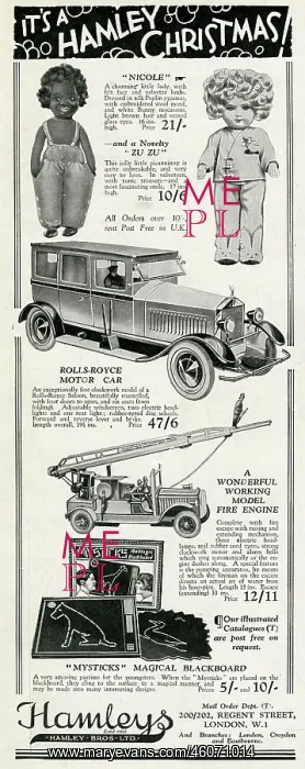 : Advert for Hamleys Christmas toys 1929 : Advert for Hamleys Christmas toys 1929